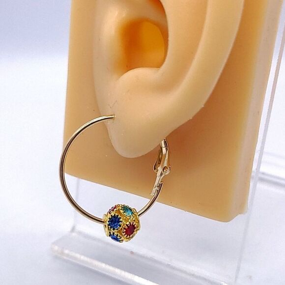 Cute Gold Rhinestone Hoop Earrings Round Shaped Pierced Jewelry Colorful NWT - Picture 1 of 10